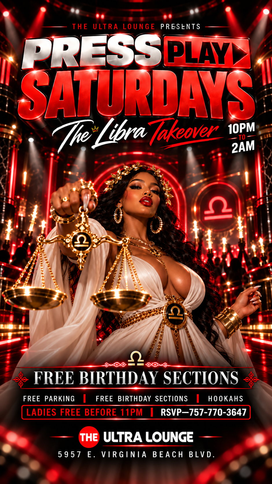 Press Play Saturdays Libra Takeover birthday flyer